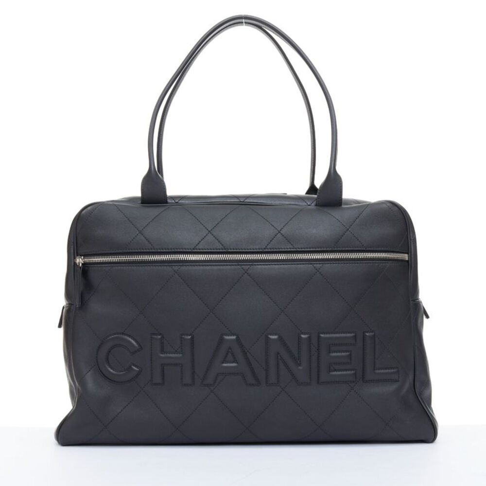 Chanel 2023 Black Quilted Leather Spellout Bowling Bag